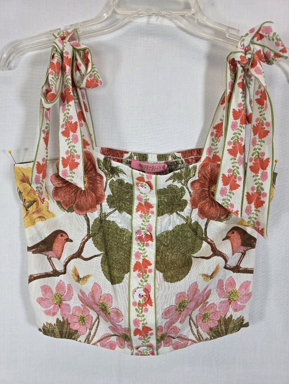 Rose + Olive Resort Floral Bird Tie Strap Crop Top XS